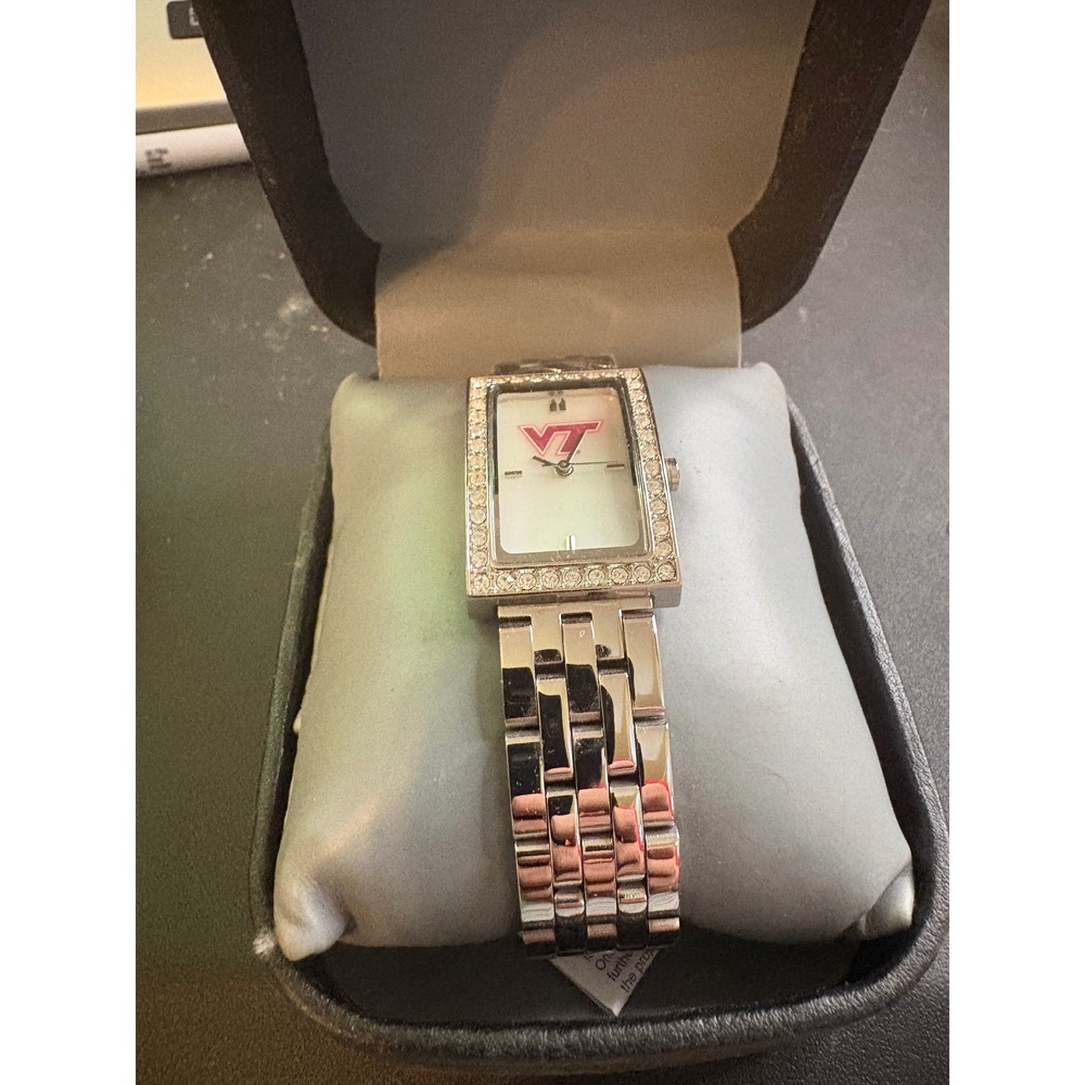 LogoArt Virginia Tech Hokies Womens Silver Tone Crystal Bezel Watch VT Logo